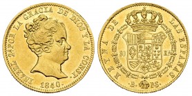 Elizabeth II (1833-1868). 80 reales. 1840. Barcelona. ps. (Cal-705). Au. 6,75 g. Legend CONST. XF. Est...300,00. /// SPANISH DESCRIPTION: Isabel II (1...