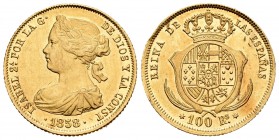Elizabeth II (1833-1868). 100 reales. 1858. Madrid. (Cal-785). Au. 8,39 g. Surface hairlines. Minor nicks on edge. Scarce. Almost XF. Est...400,00. //...