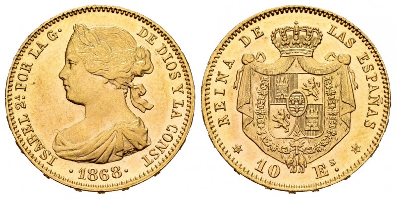 Elizabeth II (1833-1868). 100 reales. 1868*18-68. Madrid. (Cal-815). Au. 8,36 g....