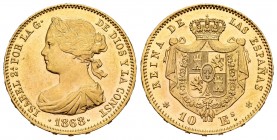 Elizabeth II (1833-1868). 100 reales. 1868*18-68. Madrid. (Cal-815). Au. 8,36 g. Minor nicks on edge. AU/Almost UNC. Est...300,00. /// SPANISH DESCRIP...