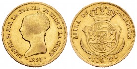 Elizabeth II (1833-1868). 100 reales. 1855. Sevilla. (Cal 2019-796). Au. 8,40 g. Minor nicks on edge. Almost VF/VF. Est...350,00. /// SPANISH DESCRIPT...