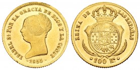 Elizabeth II (1833-1868). 100 reales. 1855. Sevilla. (Cal-796). Au. 8,40 g. Minor nicks on edge. Original luster. Almost UNC. Est...350,00. /// SPANIS...