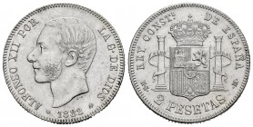 Alfonso XII (1874-1885). 2 pesetas. 1882*18-82. Madrid. MSM/EMM. (Cal-31). Ag. 10,06 g. Rectified assayers marks. Minor hairlines. Scarce. XF. Est...9...