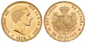 Alfonso XII (1874-1885). 25 pesetas. 1876*18-76. Madrid. DEM. (Cal-67). Au. 8,08 g. Planchet flaw on reverse. XF. Est...300,00. /// SPANISH DESCRIPTIO...