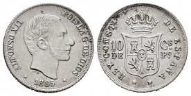 Alfonso XII (1874-1885). 10 centavos. 1885. Manila. (Cal-102). Ag. 2,60 g. Almost XF. Est...25,00. /// SPANISH DESCRIPTION: Alfonso XII (1874-1885). 1...