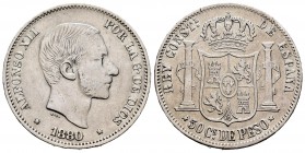 Alfonso XII (1874-1885). 50 centavos. 1880. Manila. (Cal-112). Ag. 12,88 g. Good specimen for this type. Rare. VF. Est...300,00. /// SPANISH DESCRIPTI...