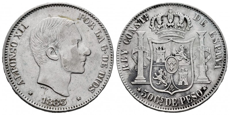 Alfonso XII (1874-1885). 50 centavos. 1883. Manila. (Cal-120). Ag. 12,87 g. Clea...