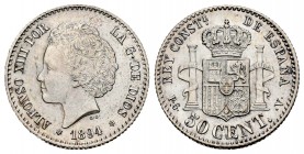Alfonso XIII (1886-1931). 50 centimos. 1894*9-4. Madrid. PGV. (Cal-43). Ag. 2,51 g. XF. Est...50,00. /// SPANISH DESCRIPTION: Alfonso XIII (1886-1931)...