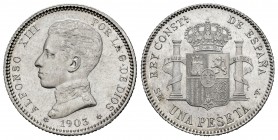 Alfonso XIII (1886-1931). 1 peseta. 1903*19-03. Madrid. SMV. (Cal-67). Ag. 4,97 g. Original luster. AU/Almost UNC. Est...40,00. /// SPANISH DESCRIPTIO...