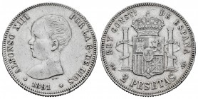Alfonso XIII (1886-1931). 2 pesetas. 1891*18-91. Madrid. PGM. (Cal-84). Ag. 9,99 g. Scarce. VF. Est...50,00. /// SPANISH DESCRIPTION: Alfonso XIII (18...
