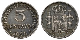 Alfonso XIII (1886-1931). 5 centavos. 1896. Puerto Rico. PGV. (Cal-124). Ag. 1,19 g. Choice VF. Est...50,00. /// SPANISH DESCRIPTION: Alfonso XIII (18...