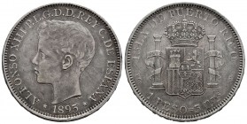 Alfonso XII (1874-1885). 1 peso. 1895. Puerto Rico. PGV. (Cal-128). Ag. 24,73 g. Rare. Choice VF. Est...400,00. /// SPANISH DESCRIPTION: Alfonso XII (...