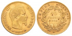 France. Napoleon III. 10 francs. 1859. Paris. A. (Km-784.3). (Fried-576a). Au. 3,20 g. Punch marks. Choice F. Est...120,00. /// SPANISH DESCRIPTION: F...