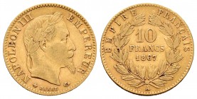 France. Napoleon III. 10 francs. 1867. Paris. A. (Km-784.3). (Fried-576a). Au. 3,23 g. Choice F. Est...120,00. /// SPANISH DESCRIPTION: Francia. Napol...