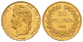 France. Louis Philippe I. 20 francs. 1833. Paris. A. (Km-750.1). (Fried-560). Au. 6,41 g. Almost VF/VF. Est...250,00. /// SPANISH DESCRIPTION: Francia...