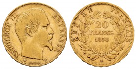 France. 20 francs. 1858. Strasbourg. BB. (Km-781.2). (Fried-574). Au. 6,38 g. Almost VF. Est...240,00. /// SPANISH DESCRIPTION: Francia. 20 francs. 18...