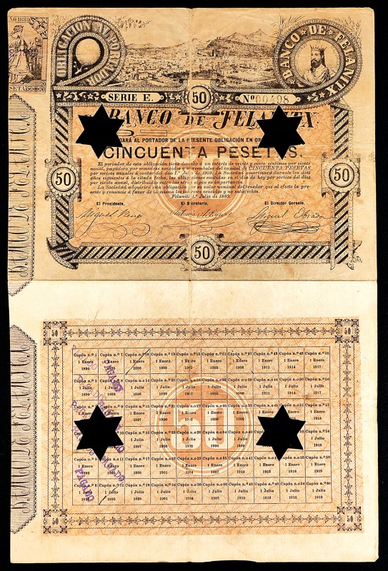 Banco de Felanitx (Mallorca). Obligación de 50 Pesetas. 1º Julio 1889. Taladros ...