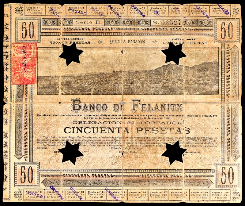 Banco de Felanitx (Mallorca). Obligación de 50 Pesetas. 1º Julio 1903. Taladros ...