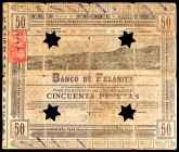 Banco de Felanitx (Mallorca). Obligación de 50 Pesetas. 1º Julio 1903. Taladros en forma de estrella de 5 puntas. Rare. Almost VF. Est...140,00. /// S...