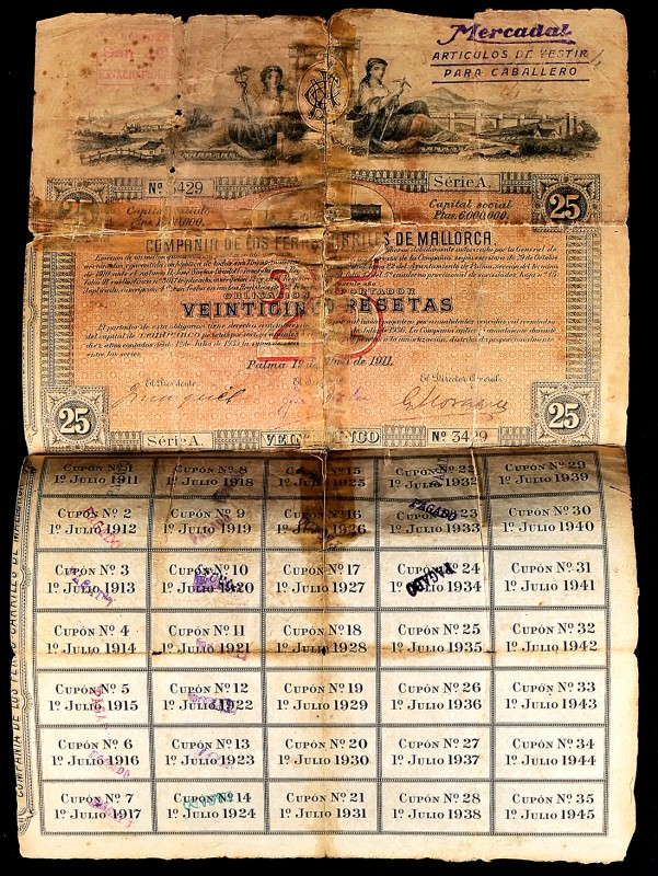 Compañía de los Ferrocarriles (Mallorca) Conjunto de 3 obligaciones de 25, 50 y ...