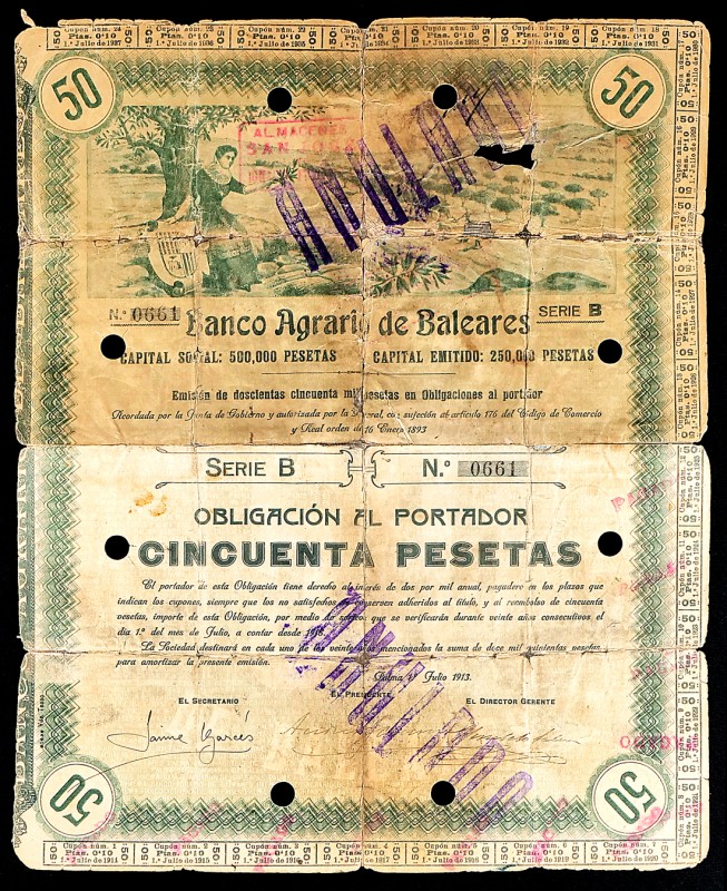 Banco Agrario de Baleares (Mallorca). Obligación de 50 Pesetas. 1º Julio 1913. T...