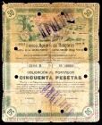 Banco Agrario de Baleares (Mallorca). Obligación de 50 Pesetas. 1º Julio 1913. Taladros. Reparaciones de época. Escasa. Almost VF. Est...80,00. /// SP...