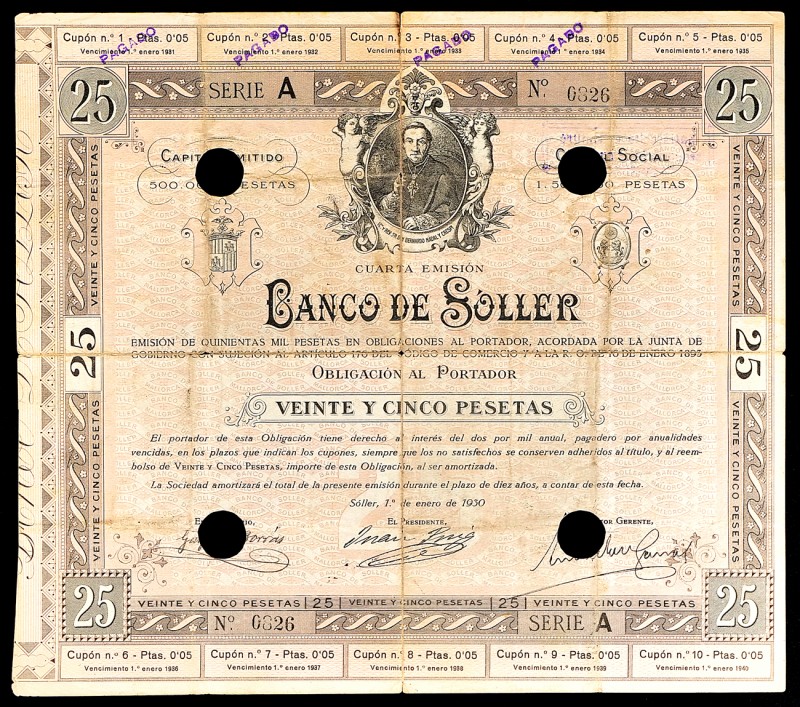 Banco de Soller (Mallorca). Obligación de 25 Pesetas. January 1st, 1930. Taladro...