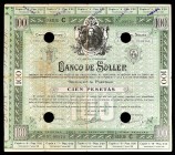 Banco de Soller (Mallorca). Obligación de 100 Pesetas. January 1st, 1930. Taladros. Al dorso imégen panorámica del pueblo. Escasa. Almost VF. Est...12...