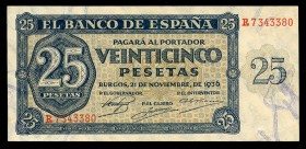 25 pesetas. 1936. Burgos. (Ed 2017-419a). 21 November by Giesecke and Devrient. Serie R. Small corner bend. Almost UNC. Est...75,00. /// SPANISH DESCR...