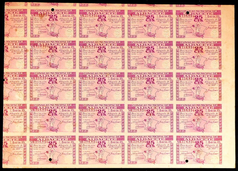 Albacete. 25 Céntimos. November 08th, 1937. Rare uncut sheet with 20 specimens. ...