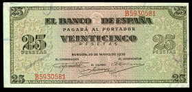 25 pesetas. 1938. Burgos. (Ed 2017-430a). May 20, Giralda de Sevilla. Serie B. UNC. Est...100,00. /// SPANISH DESCRIPTION: 25 pesetas. 1938. Burgos. (...