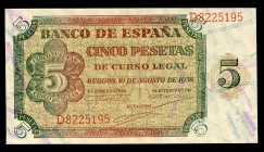 5 pesetas. 1938. Burgos. (Ed 2017-435a). August 10, by Giesecke and Devrient. Serie D. UNC. Est...75,00. /// SPANISH DESCRIPTION: 5 pesetas. 1938. Bur...