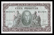 100 pesetas. 1940. Madrid. (Ed 2017-438a). January 9, Christopher Columbus. Serie D. UNC. Est...90,00. /// SPANISH DESCRIPTION: 100 pesetas. 1940. Mad...