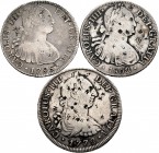 Lote de 3 monedas de 8 Reales. Carlos III 1772 México F.M. (Invertidas); Carlos IV 1795 México F.M. y 1802 México F.T. Con múltiples resellos chinos. ...