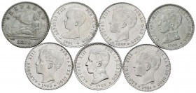 Lote de 7 monedas de 1 peseta, 1870, 1891, 1899, 1900, 1901, 1903 y 1904. A EXAMINAR. Choice VF/Almost XF. Est...90,00.