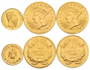 Lote de 3 monedas, reproducción de joyería 1 dollar 1868 (2) y medallita fantasía de Maxiimiano. Au. 3,86 g. A EXAMINAR. UNC. Est...120,00.
