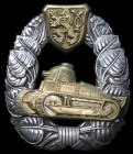 Czechoslovakia, Tank Crew Badge, First Class, circa 1935, maker’s mark Z in oval within linden sprig in silvered metal and gilt, 51.5mm, extremely fin...