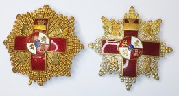 Spain, Order of Military Merit, Franco issue, Second Class stars (2), for war time merit, one in silver-gilt and red enamel, the other is gilt metal a...