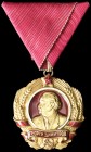 *Bulgaria, Order of Georgi Dimitrov, 1950-1990, in 14 carat gold and enamels, with triangular ribbon, indeterminate gold marks upon suspension loop, r...