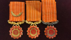 Tunisia, Republic, Order of Labour, First Class breast badge, in gilt and red enamel with crossed corn ear riband device, Second Class breast badge, b...