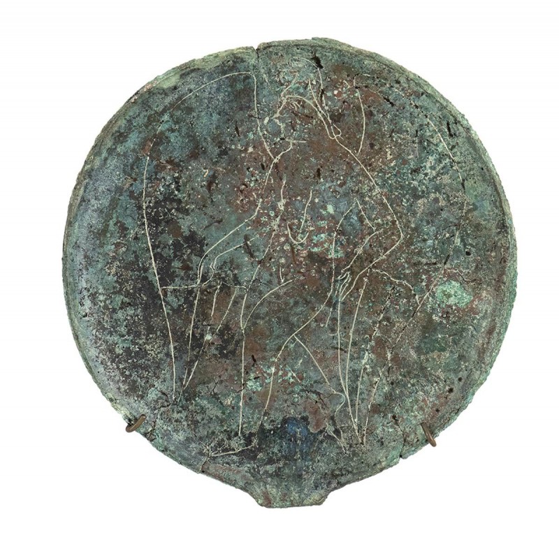 ETRUSCAN BRONZE MIRROR 
4th - 3rd century BC
diam. cm 13; height (with full st...