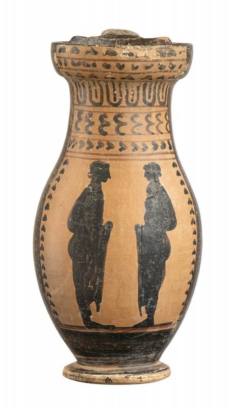 ETRUSCAN BLACK-FIGURE OLPE
Early 5th century BC
height cm 25; diam. cm 10

S...