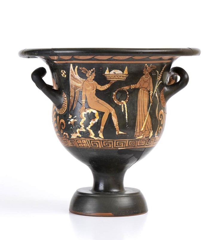 APULIAN RED-FIGURE BELL KRATER
Mid 4th century BC
height cm 28,5; diam. cm 32...