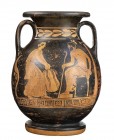 APULIAN RED-FIGURE PELIKE
Near to the Painter of the Berlin Dancing Girl, ca. 430 - 410 BC
height cm 26,5

A particular, very rare, representation...