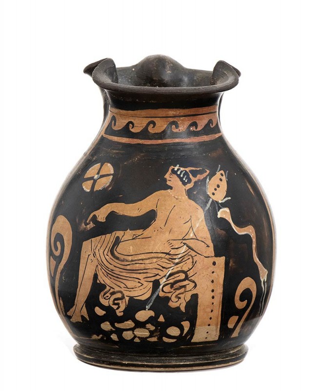 APULIAN RED-FIGURE TREFOIL OINOCHOE WITH SEATED DIONYSOS
4th century BC
height...