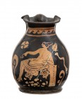 APULIAN RED-FIGURE TREFOIL OINOCHOE WITH SEATED DIONYSOS
4th century BC
height cm 10

Intact. Provenance: English private collection, according to...