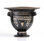 APULIAN BELL KRATER IN GNATHIA STYLE
Laurel Spray Group, ca. 350 - 325 BC
height cm 24; diam. cm 31

Very fine bell-krater, with glossy glaze and ...