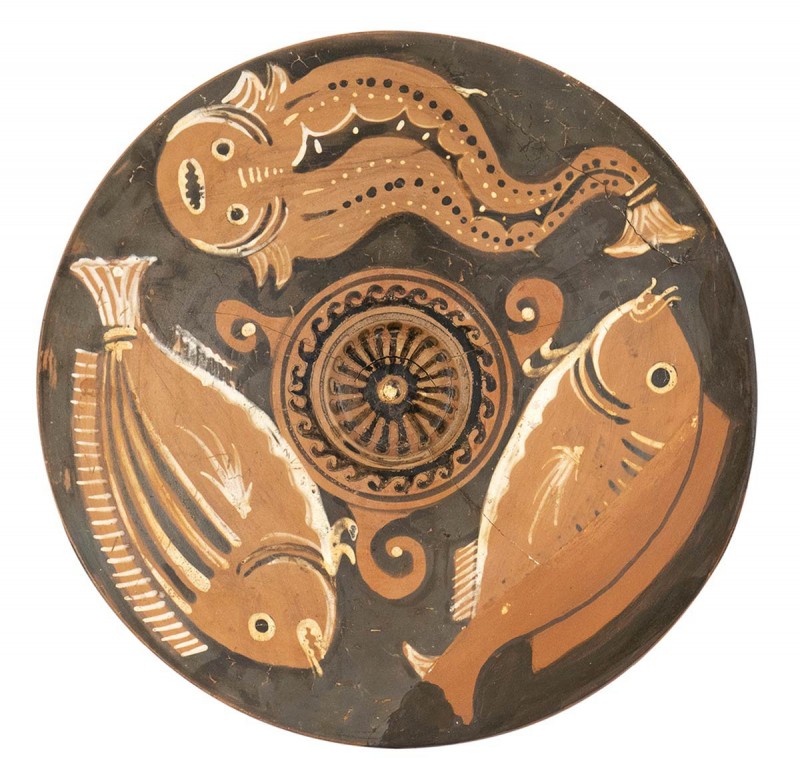 CANOSINE RED-FIGURE FISH PLATE
Attribuited to the Black and White Stripes Paint...