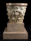 ROMAN MARBLE CORINTHIAN CAPITAL ADAPTED TO TABLE
Flavian Period, 1st century AD
height (capital) cm 40; height tot. cm 75; diam. cm 48; round glass ...