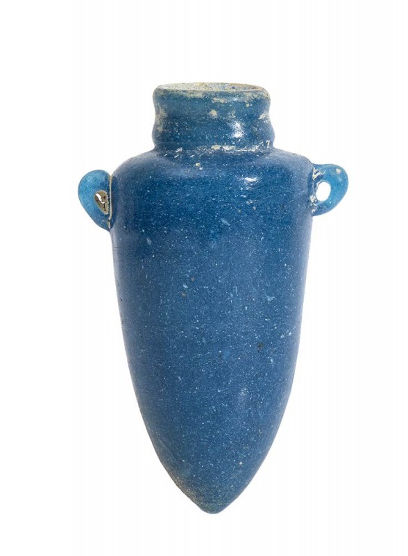 EGYPTIAN TURQUOISE GLASS PASTE TORPEDO FLASK
New Kingdom, ca. 1300 BC
height c...